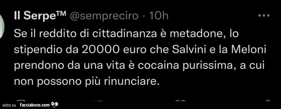 Se il reddito di cittadinanza è metadone, lo stipendio da 20000 euro che salvini e la meloni prendono da una vita è cocaina purissima, a cui non possono più rinunciare