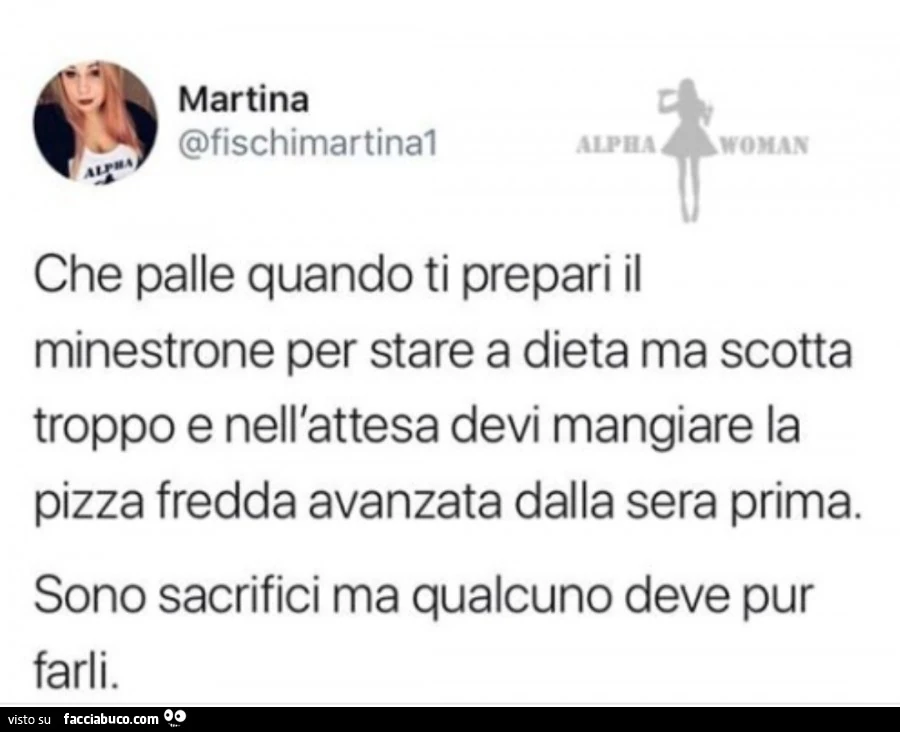 Che palle quando ti prepari il minestrone per stare a dieta ma scotta troppo e nell'attesa devi mangiare la pizza fredda avanzata dalla sera prima. Sono sacrifici ma qualcuno deve pur farli
