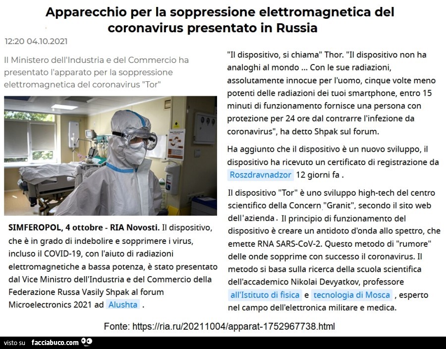 Apparecchio per la soppressione elettromagnetica del coronavirus presentato in russia