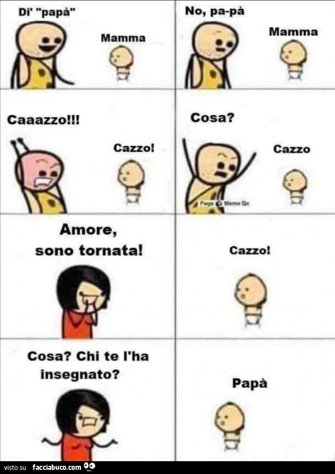 Di papà. Mamma. No papà. Mamma. Cazzo! Cazzo. Amore sono tornata. Cazzo. Cosa? Chi te l'ha insegnato? Papà