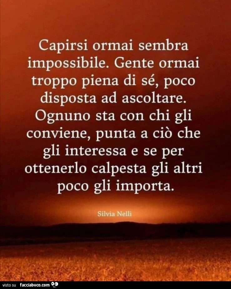 Capirsi ormai sembra impossibile. Gente ormai troppo piena di sé, poco disposta ad ascoltare. Ognuno sta con chi gli conviene, punta a ciò che gli interessa e se per ottenerlo calpesta gli altri poco gli importa. Silvia Nelli