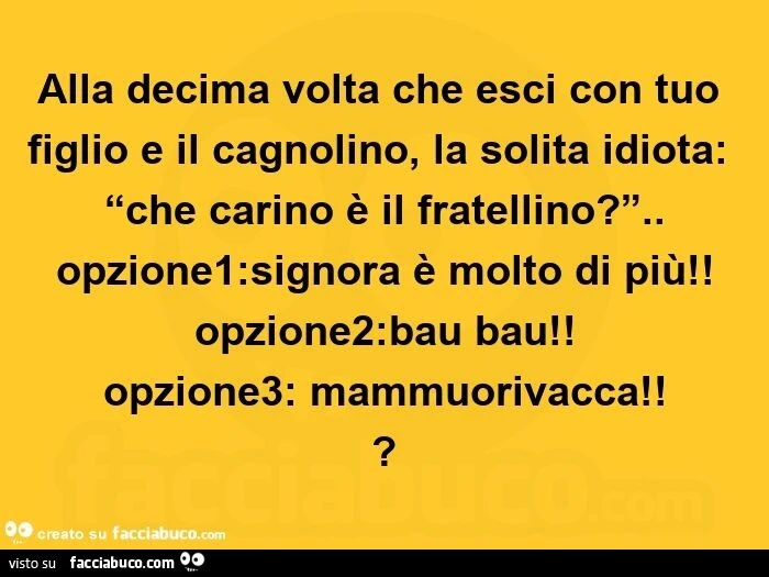 Alla decima volta che esci con tuo figlio e il cagnolino, la solita idiota: che carino è il fratellino? Opzione1: signora è molto di più! Opzione2: bau bau! Opzione3: mammuorivacca!?