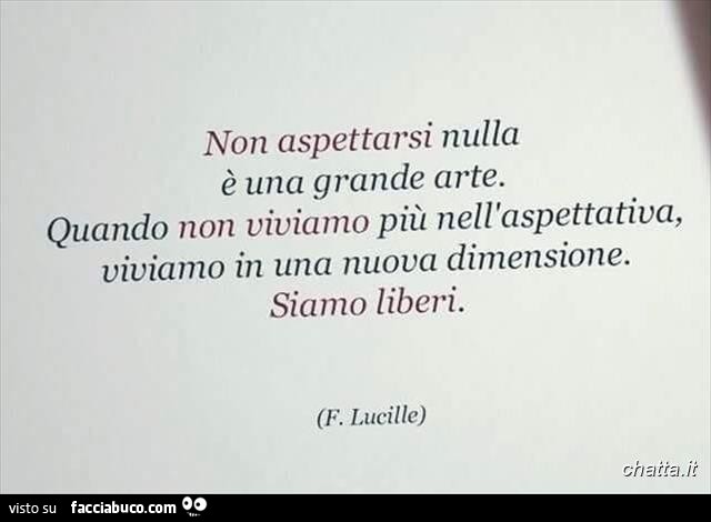Non aspettarsi nulla è una grande arte. Quando non viviamo più nell'aspettativa, viviamo in una nuova dimensione. Siamo liberi. F. Lucille
