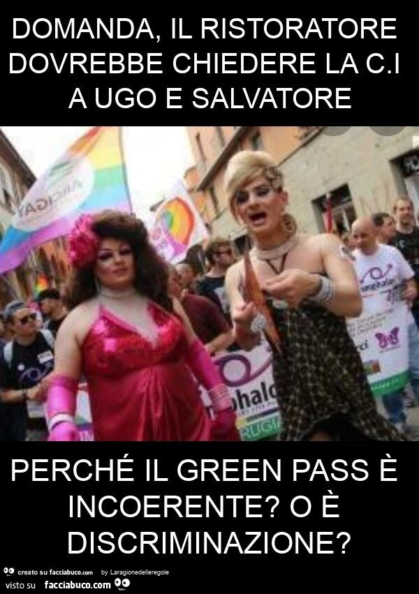 Domanda, il ristoratore dovrebbe chiedere la c. I a ugo e salvatore perché il green pass è incoerente? O è discriminazione?