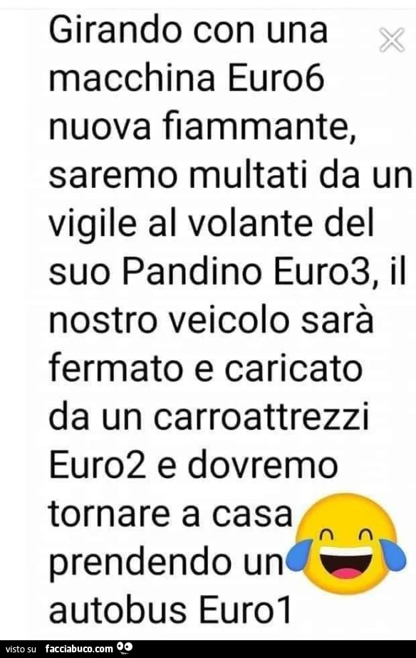 Girando con una macchina euro 6 nuova fiammante saremo multati bda un vigile al volante del suo Pandino euro 3, il nostro veicolo fermato e caricato da un carroattrezzi euro2, e e dovremo tornare a casa prendendo un autobus euro 1