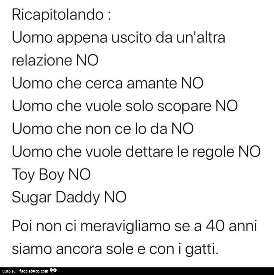 Ricapitolando: uomo appena uscito da un'altra relazione no uomo che cerca amante no uomo che vuole solo scopare no uomo che non ce lo da no uomo che vuole dettare le regole no toy boy no sugar daddy no poi non ci meravigliamo se a 40 anni siamo ancor