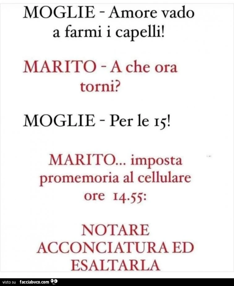 Moglie amore vado a farmi i capelli! Marito a che ora torni? Moglie per le 15! Marito&hellip; imposta promemoria al cellulare ore 14.55. Notare acconciatura ed esaltarla