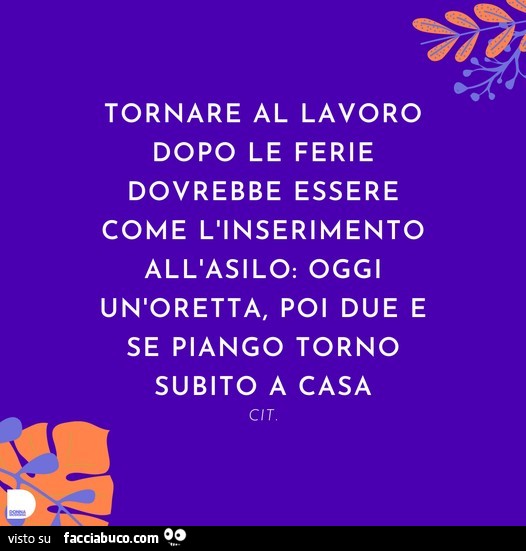 Tornare al lavoro dopo le ferie dovrebbe essere come l'inserimento all'asilo: oggi un'oretta, poi due e se piango torno subito a casa