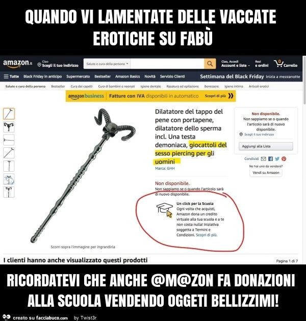 Quando vi lamentate delle vaccate erotiche su fabù ricordatevi che anche @m@zon fa donazioni alla scuola vendendo oggeti bellizzimi