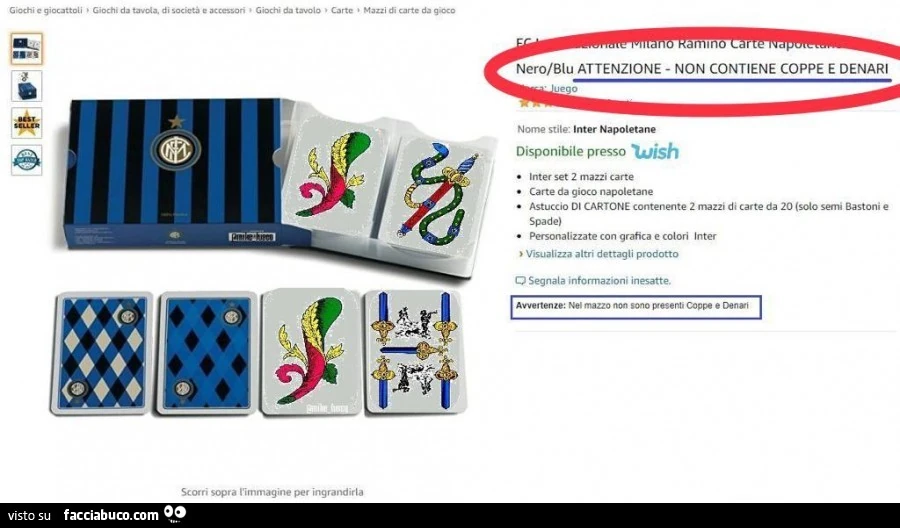 Carte da gioco Inter. Attenzione non contiene coppe e denari