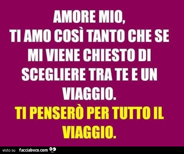 Amore mio, ti amo così tanto che se mi viene chiesto di scegliere tra te e un viaggio. Ti penserò per tutto il viaggio