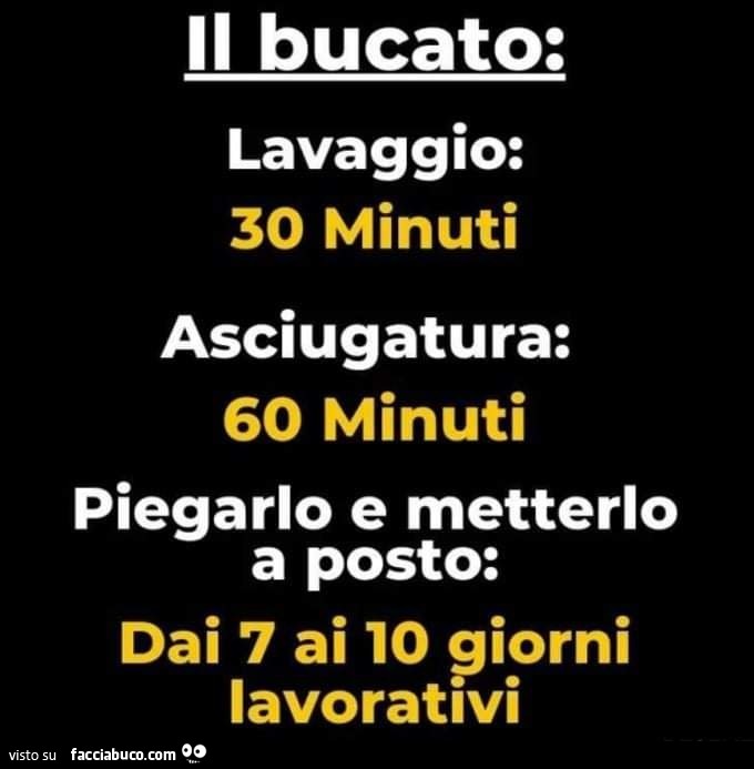 Il bucato: lavaggio: 30 minuti asciugatura: 60 minuti piegarlo e metterlo a posto: dai 7 ai 10 giorni lavorativi