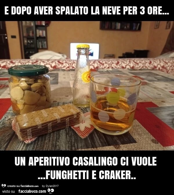 E dopo aver spalato la neve per 3 ore… un aperitivo casalingo ci vuole… funghetti e craker
