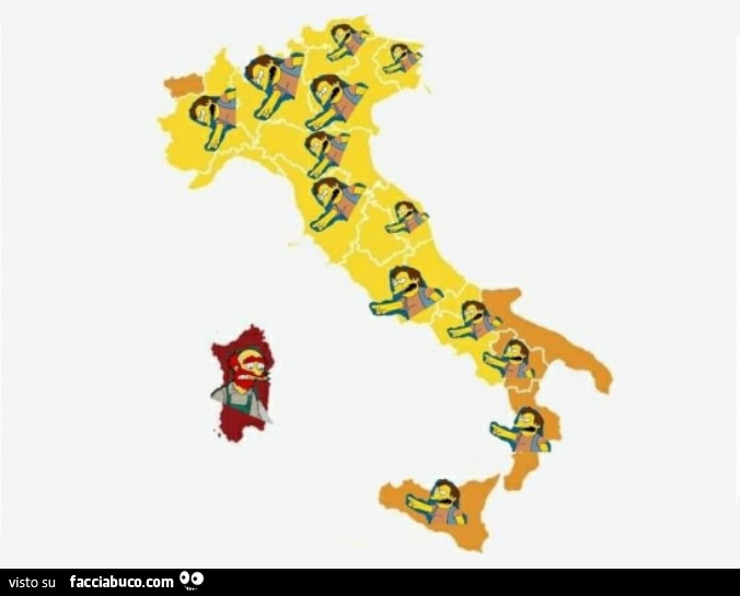 Italia zona gialla arancione e sardegna rossa. Versione simpson