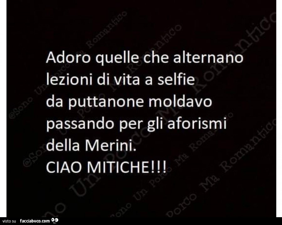 Adoro quelle che alternano lezioni di vita a selfie da puttanone moldavo passando per gli aforismi della merini. Ciao mitiche