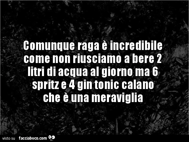 Comunque raga è incredibile come non riusciamo a bere 2 litri di acqua al giorno ma 6 spritz e 4 gin tonic calano che è una meraviglia