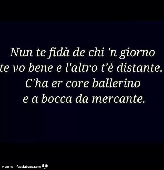 Nun te fidà de chi n giorno te vo bene e l'altro t'è distante. Cha er core ballerino e a bocca da mercante