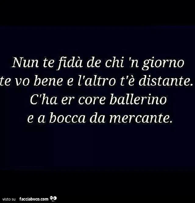Nun te fidà de chi n giorno te vo bene e l'altro t'è distante. Cha er core ballerino e a bocca da mercante