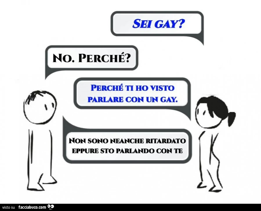 Sei gay? No. Perché? Perché ti ho visto parlare con un gay. Non sono neanche ritardato eppure sro parlando con te
