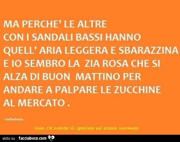 Ma perchè le altre con i sandali bassi hanno quell' aria leggera e sbarazzina e io sembro la zia rosa che si alza di buon mattino per andare a palpare le zucchine al mercato