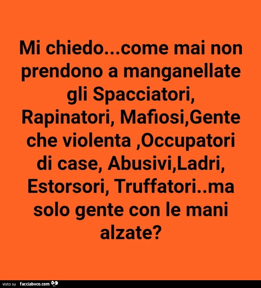 Mi chiedo&hellip; come mai non prendono a manganellate gli spacciatori, rapinatori, mafiosi, gente che violenta, occupatori di case, abusivi, ladri, estorsori, truffatori. Ma solo gente con le mani alzate?