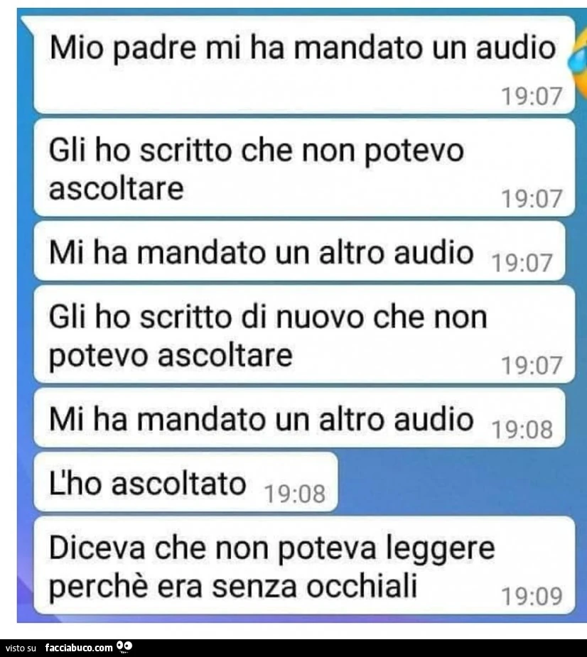 Mio padre mi ha mandato un audio. Gli ho scritto che non potevo ascoltare. Mi ha mandato un altro audio. Gli ho scritto di nuovo che non potevo ascoltare. Mi ha mandato un altro audio. L'ho ascoltato. Diceva che non poteva leggere perchè era senza oc