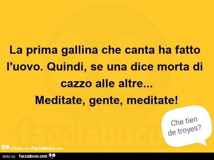 La prima gallina che canta ha fatto l'uovo. Quindi, se una dice morta di cazzo alle altre… meditate, gente, meditate