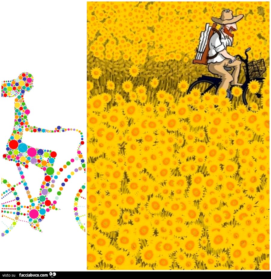 Illustrazione. Van Gogh in bicicletta tra i girasoli