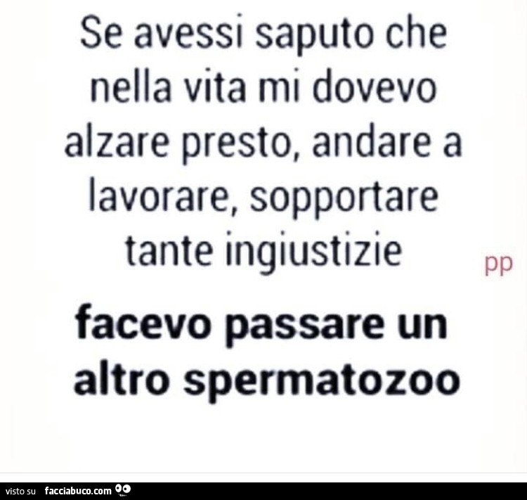 Se avessi saputo che nella vita mi dovevo alzare presto, andare a lavorare, sopportare tante ingiustizie facevo passare un altro spermatozoo