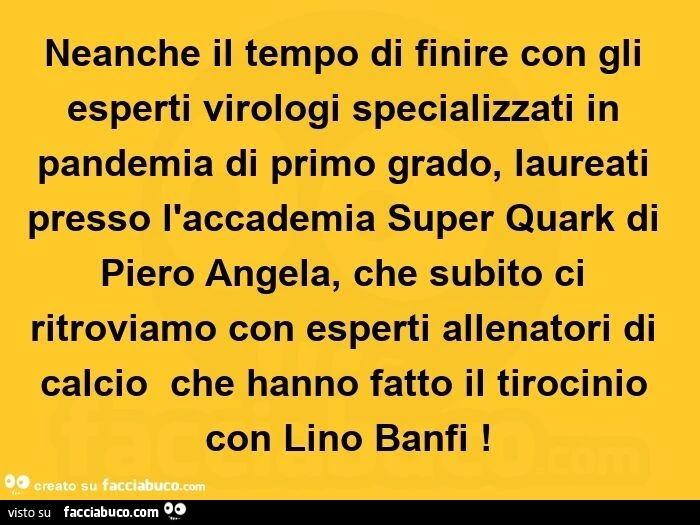 Neanche il tempo di finire con gli esperti virologi specializzati in pandemia di primo grado, laureati presso l'accademia super quark di piero angela, che subito ci ritroviamo con esperti allenatori di calcio che hanno fatto il tirocinio