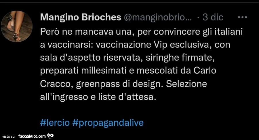 Però ne mancava una, per convincere gli italiani a vaccinarsi: vaccinazione vip esclusiva, con sala d'aspetto riservata, siringhe firmate, preparati millesimati e mescolati da carlo cracco, greenpass di design. Selezione all'ingresso e liste d&#