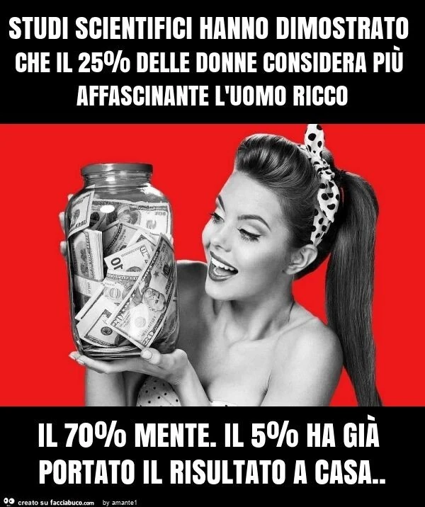 Studi scientifici hanno dimostrato che il 25% delle donne considera più affascinante l'uomo ricco il 70% mente. Il 5% ha già portato il risultato a casa