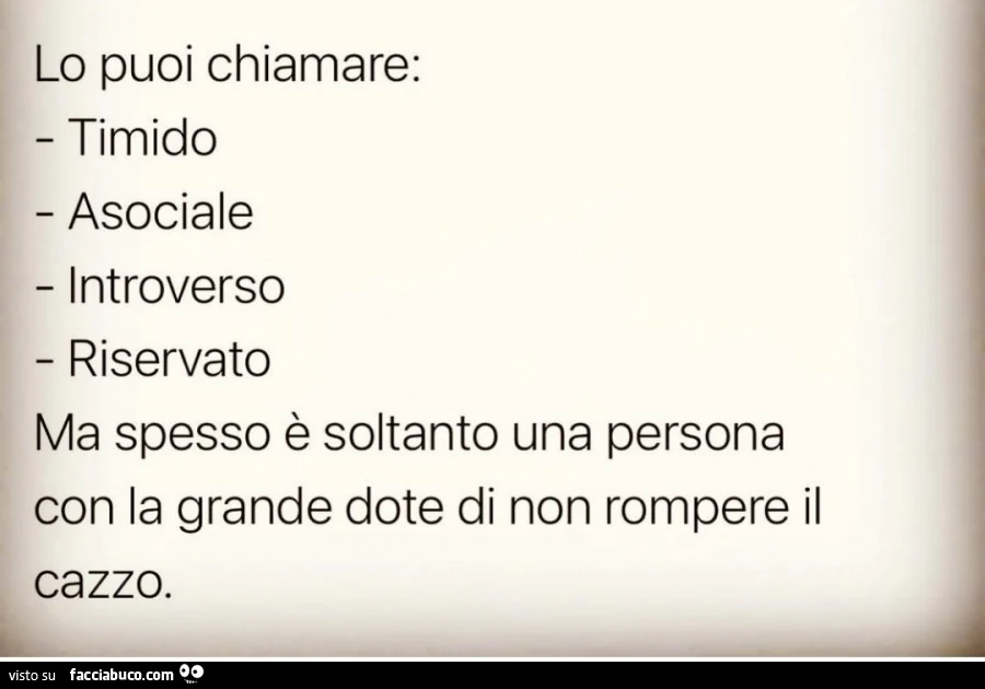 Lo puoi chiamare: timido, asociale, introverso, riservato. Ma spesso è soltanto una persona con la grande dote di non rompere il cazzo