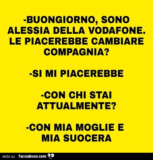 Buongiorno, sono alessia della vodafone. Le piacerebbe cambiare compagnia? Mi piacerebbe con chi stai attualmente? Con mia moglie e mia suocera