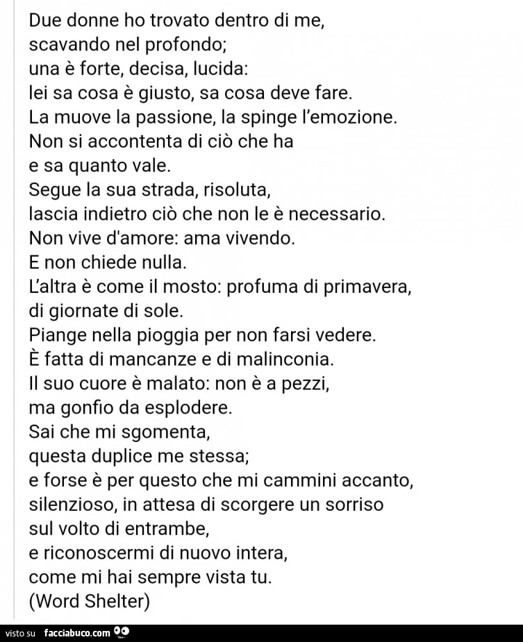 Due donne ho trovato dentro di me, scavando nel profondo; una è forte, decisa, lucida: lei sa cosa è giusto, sa cosa deve fare. La muove la passione, la spinge l'emozione