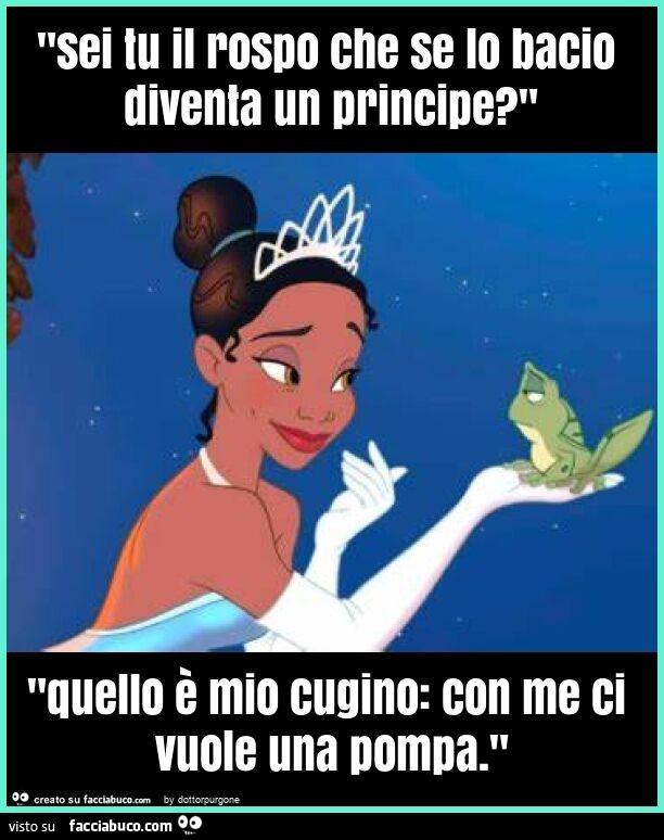 "sei tu il rospo che se lo bacio diventa un principe? " "Quello è mio cugino: con me ci vuole una pompa. "
