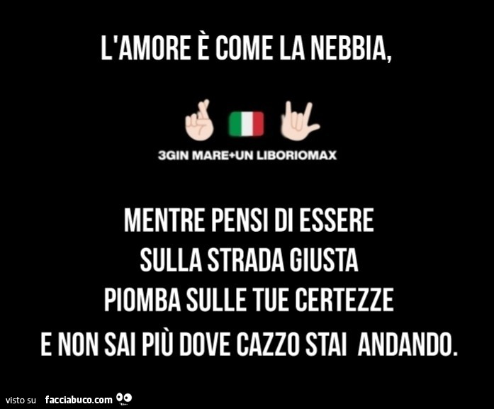 L'amore è come la nebbia, mentre pensi di essere sulla strada giusta piomba sulle tue certezze e non sai dove stai andando