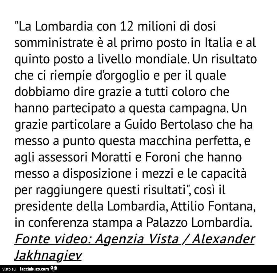 La Lombardia con 12 milioni di dosi somministrate è al primo posto in italia e al quinto posto a livello mondiale. Un risultato che ci riempie d'orgoglio e per il quale dobbiamo dire grazie a tutti coloro che hanno partecipato a questa campagnaagiev