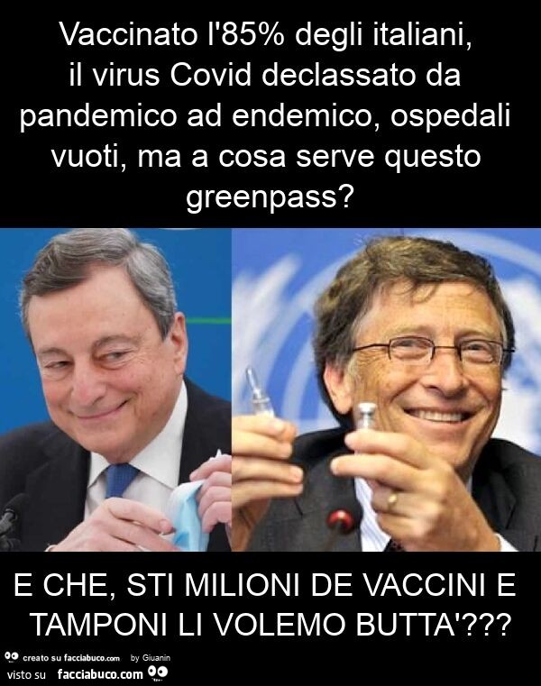 Vaccinato l'85% degli italiani, il virus covid declassato da pandemico ad endemico, ospedali vuoti, ma a cosa serve questo greenpass? E che, sti milioni de vaccini e tamponi li volemo buttà?