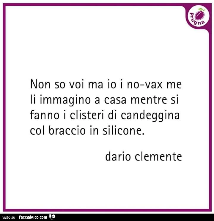 Non so voi ma io i no-vax me li immagino a casa mentre si fanno i clisteri di candeggina col braccio in silicone