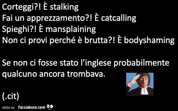 Corteggi?! ร Stalking fai un apprezzamento?! ร Catcalling spieghi?! ร Mansplaining non ci provi perchรฉ รจ brutta?! ร Bodyshaming se non ci fosse stato l'inglese probabilmente qualcuno ancora trombava