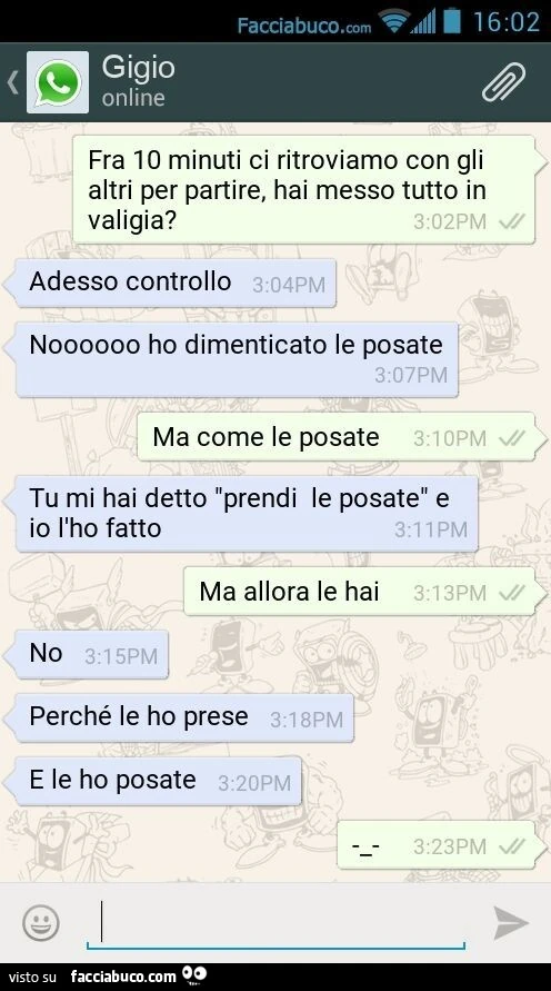 Fra 10 minuti ci ritroviamo con gli altri per partire, hai messo tutto in valigia? Adesso controllo. Noooooo ho dimenticato le posate. Ma come le posate. Tu mi hai detto "prendi le posate" e io l'ho fatto. Ma allora le hai. No. Perché le ho