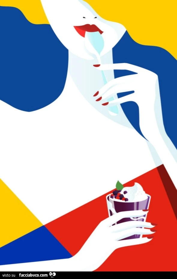 Illustrazione a colori. Donna mangia panna e frutti di bosco