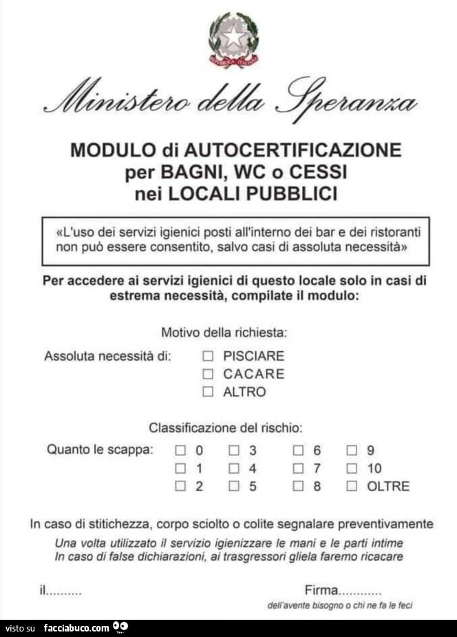 Modulo di autocertificazione per bagni, wc o cessi nei locali pubblici