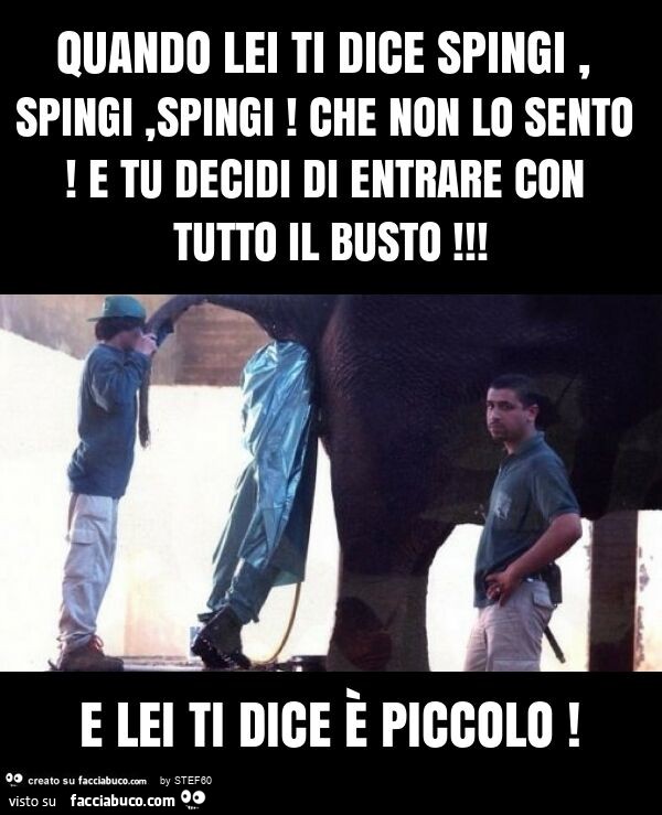 Quando lei ti dice spingi, spingi, spingi! Che non lo sento! E tu decidi di entrare con tutto il busto! E lei ti dice è piccolo