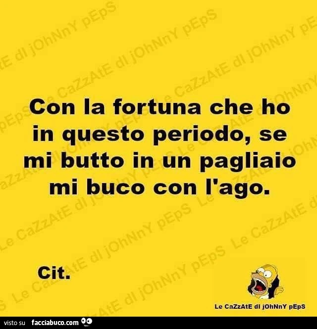 Con la fortuna che ho in questo periodo, se mi butto in un pagliaio mi buco con l'ago