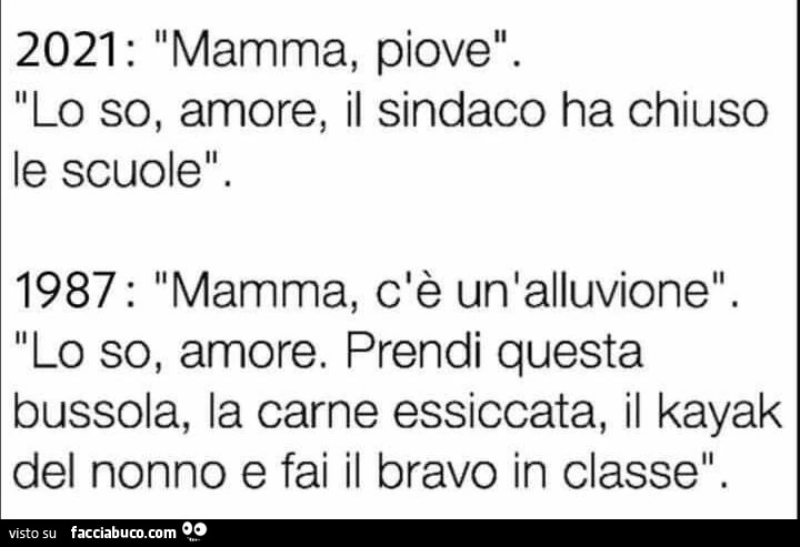 2021: mamma, piove. Lo so, amore, il sindaco ha chiuso le scuole. 1987: mamma, c'è un'alluvione. Lo so, amore. Prendi questa bussola, la carne essiccata, il kayak del nonno e fai il bravo in classe