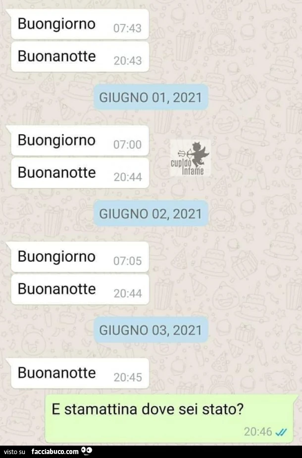 Buongiorno buonanotte. Buongiorno buonanotte. Buonanotte. E stamattina dove sei stato?