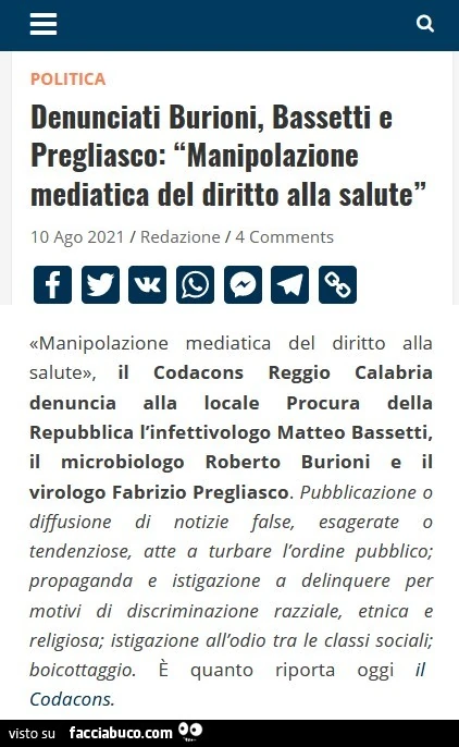 Politica denunciati burioni, bassetti e pregliasco: manipolazione mediatica del diritto alla salute