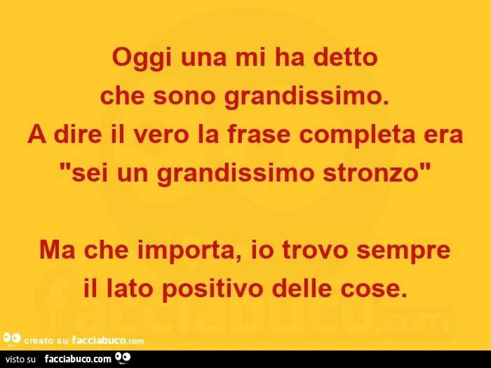 Oggi una mi ha detto  che sono grandissimo. A dire il vero la frase completa era "sei un grandissimo stronzo". Ma che importa, io trovo sempre il lato positivo delle cose